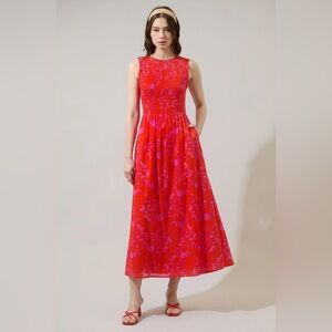Sugarlips Red Pink Floral Smocked Midi Dress l Sleeveless I Small I NWT I Summer